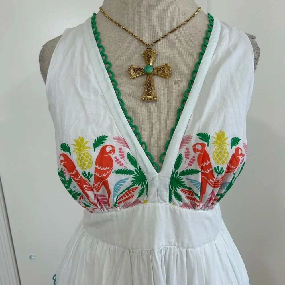 BODEN SERENA COTTON TIE FULL CIRCLE MAXI DRESS MULTI TROPICAL LOVE BIRDS PARROTS - Picture 4 of 13